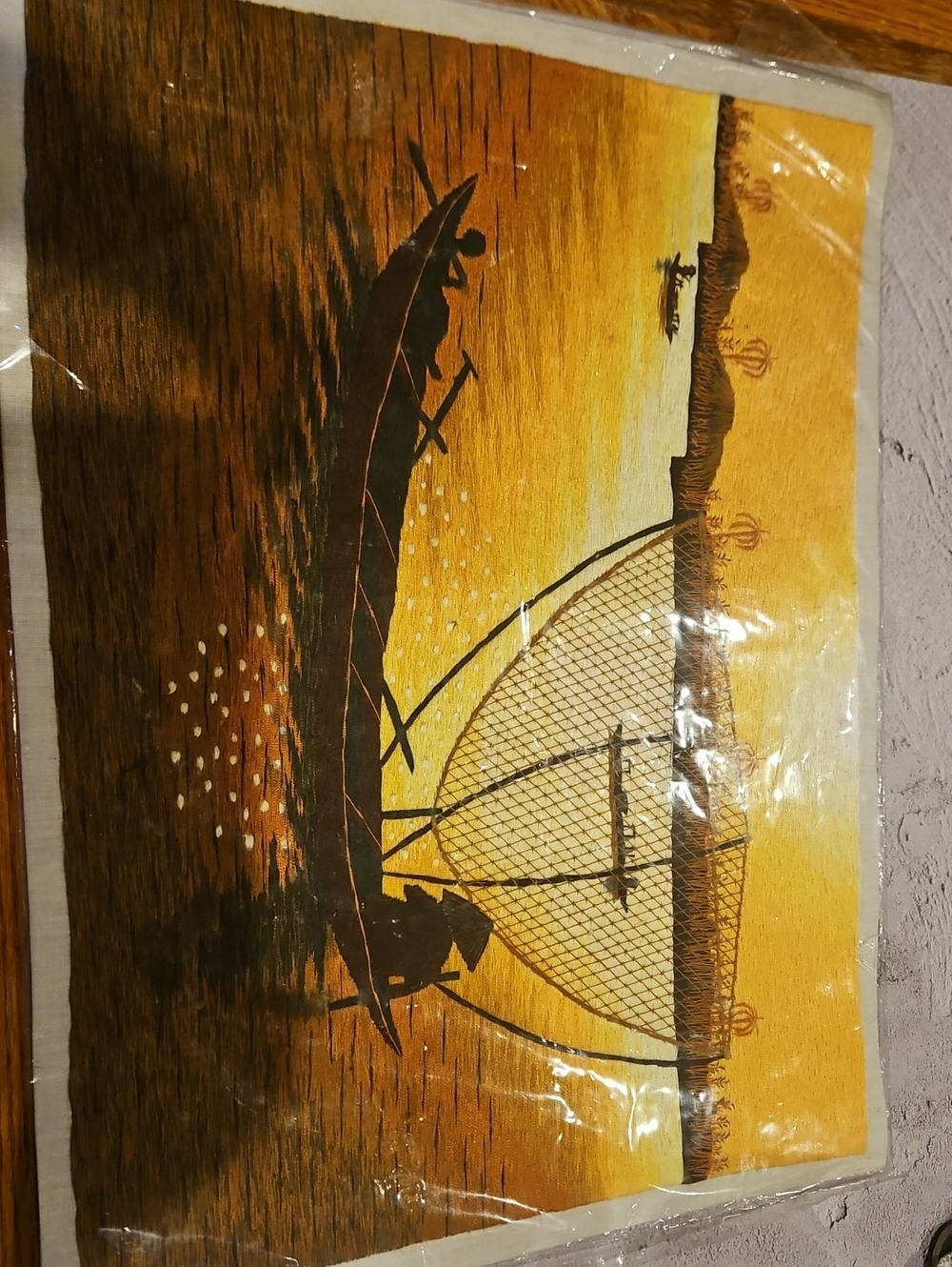 vintage Vietnamese hand-embroidered silk wall art piece featuring a traditional